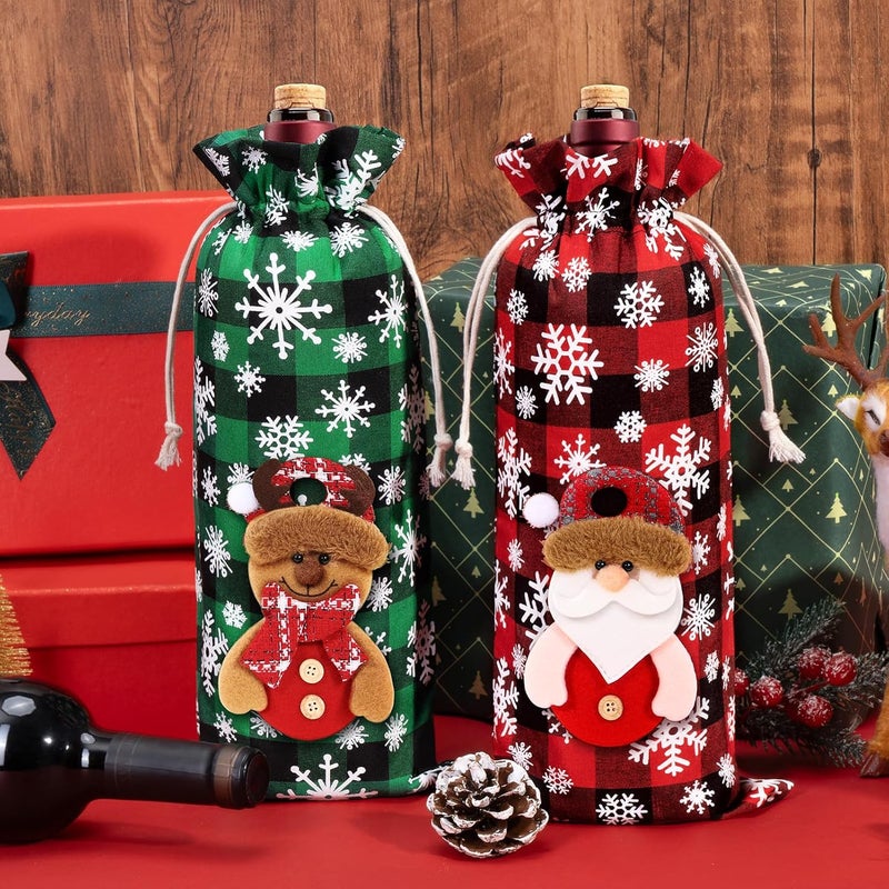 Aoonby 8PCS Christmas Wine Fabric Bags, Drawstring Christmas Buffalo Plaid Wine Bottle Gift Bags, Reusable Wines Bottle Covers with Santa Snowman Elk Bear 3D Doll, Xmas Wines Gift Bag for Holiday Party Decor - Image 4
